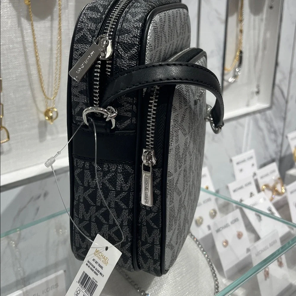 MICHAEL KORS Jet Set Medium Metallic Signature Logo NS Chain Crossbody Flight